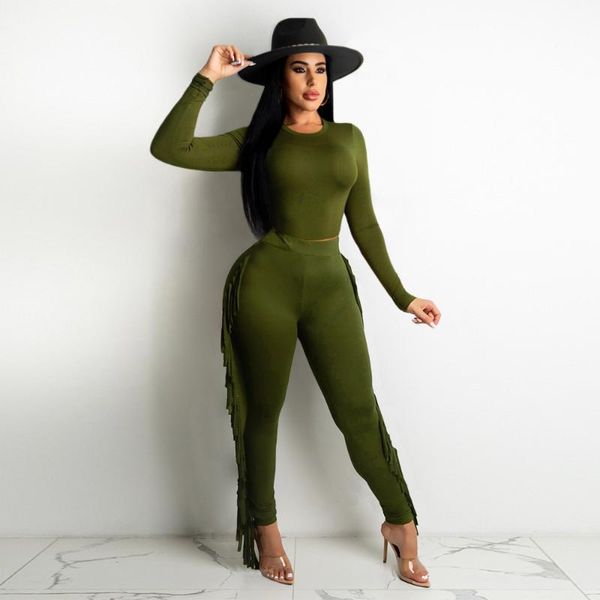 Pantalon de deux pièces pour femmes Noir / Rouge / Vert foncé Femmes Fitness Club Tenues Automne O-Cou À Manches Longues Crop Top Et Glands Latéraux Leggings Skinny