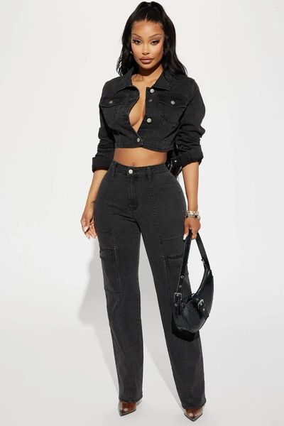 Pantalon de deux pièces pour femmes Black Stretch Denim Club Tenues Sexy Femmes Pièces élégantes Jeans décontractés Set Top Top