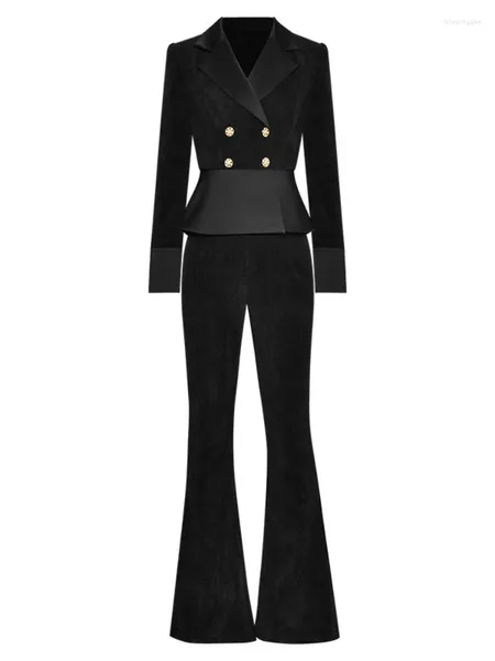 Pantalon deux pièces femme costume noir double rangée bouton manteau court pantalon corne épaissi en hiver féminité bureau occasions formelles 2023