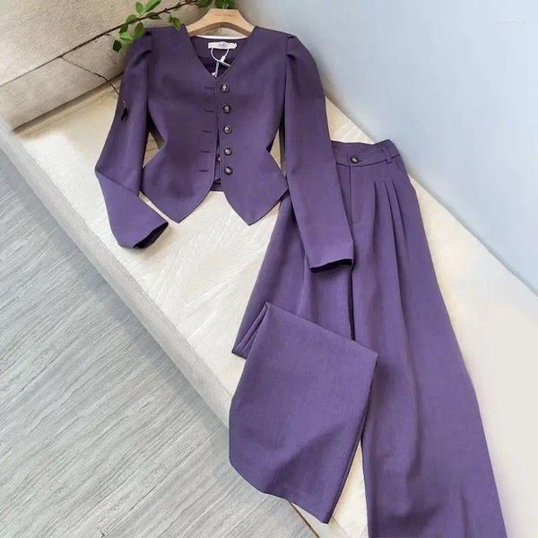 Pantalones de dos piezas para mujer Pantalones a medida negros Trajes de pantalón casuales 3 Otoño Diseño irregular Abrigo con botones Conjuntos femeninos de pierna ancha de talle alto