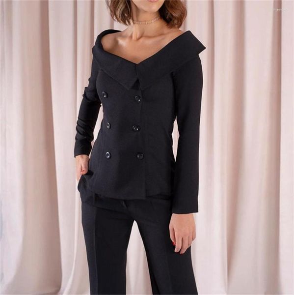 Pantalon de deux pièces pour femmes Noir Femme 2 Ensembles 2023 Blazers à col oblique Veste Flare Pantalon Costumes Élégant Bureau Lady Formelle Affaires