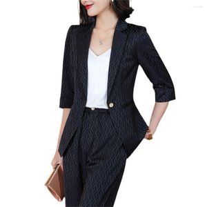 Dames tweedelige broek Black Women Pak in 2023 Elegante halve mouwblazer en brede been Kantoor Lady Business Formal 2 Pieces Sets