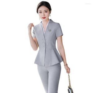 Pantalon deux pièces pour femme Blazer tailleur-pantalon 2 ensemble bureau dames femmes gris affaires bouton unique crayon à manches courtes costume formel