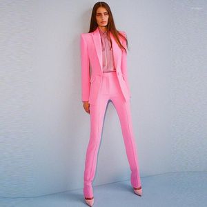 Pantalones de dos piezas para mujer Blazer Pantsuits Pink Office Pants Suit Set Women Business Wear Botones individuales Lápiz Formal
