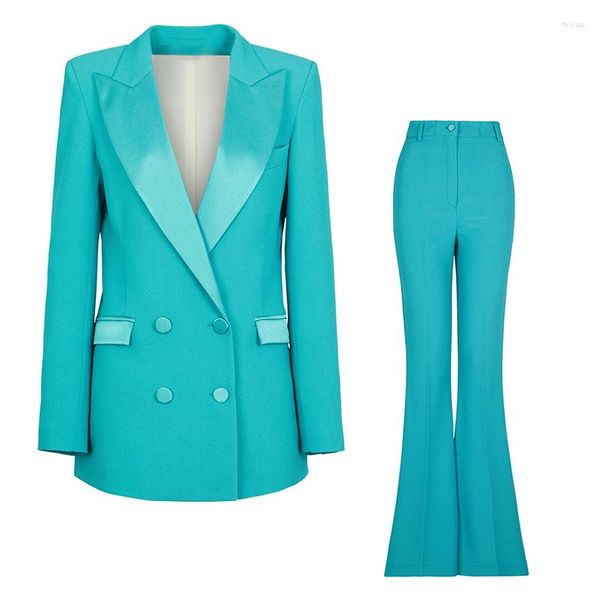 Pantalones de dos piezas para mujer, Blazer, conjuntos de trajes de pantalón, pantalones de oficina en azul lago naranja, traje de doble botonadura con botones acampanados, Formal 2023