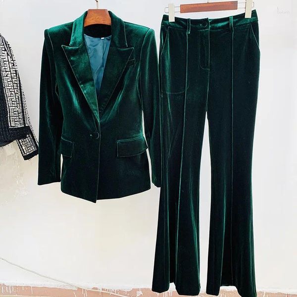 Pantalon de deux pièces pour femmes Blazer costume femmes ensemble velours violet vert 2023 printemps un bouton veste évasée bureau femme