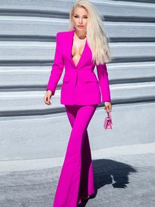 Dames tweedelige broek Blazer Uits Set Office Ladie Yellow Purple Business Single Buttons Flared Formal Suit 230310