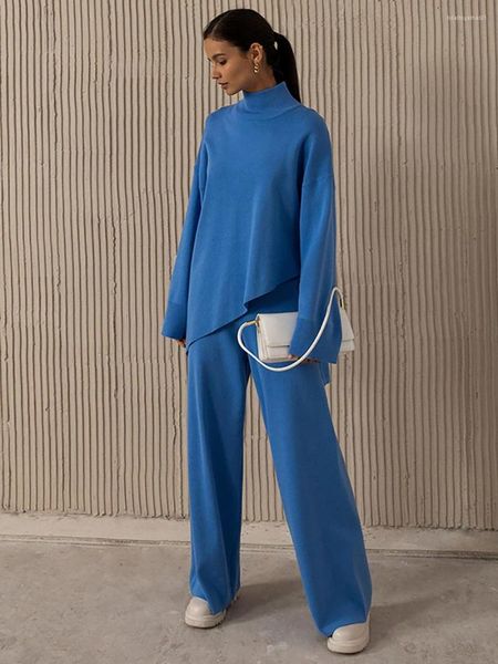 Pantalon deux pièces pour femmes, bleu asymétrique, pull tricoté à col roulé, manches longues, mode Tide, automne et hiver 2023