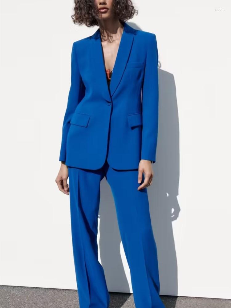 Zweiteilige Damenhose, blaues Langarm-Blazer-Hosen-Set, Damenmode, Einknopf-Jacke, Reißverschluss, Hose, Herbst-Winter-Büro-Outfits