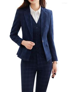 Dames tweedelige broek Blue Plaid Formeel Blazer Vest en Pant Suit Women Uniform Designs 3 Set voor Office Lady Business Career Work Wear