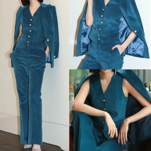 Pantalones de dos piezas para mujer, traje de terciopelo azul, 3 conjuntos, ropa Formal personalizada para fiesta, oficina y negocios