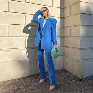Dames tweedelige broek Blue Women Suits 2 Fashion Outfit met Blazer -broek/vrouw voor werk Professionele/Casual Ladies Office Desets Sets