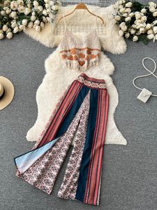 Tweedelige broek Boheemse zomervakantie Strandsets van dames Boheemian Strand Sets gebreide Camisole Top en gedrukte dunne losse wide been chiffon pakken