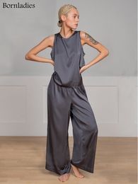 Tweedelige broek met damesgeborene pyjamapak Spring zomer vrouwelijke huiskleding sets mouwloos gekruiste terug vest losse broek 230814