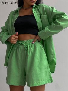 Pantalon deux pièces pour femmes Bornladies élégant coton décontracté femmes ensembles courts été taille haute vert chemise costume ensemble mode 2 s 230131
