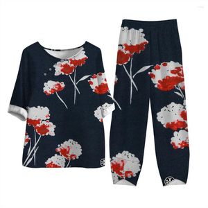 Pantalon de deux pièces pour femmes Boutique imprimé floral manches courtes 2 pièces respirant et absorbant la transpiration Vintage boutonné d'âge moyen