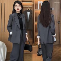 Tweedelige broek in dames Brits stijl kort gestreepte gekrulde rand blazer breed poot set vintage casual losse pak jas lange broek