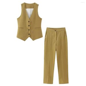 Vrouwen tweedelige broek bruin kaki vest mouwloos jassen vesten broek sets 2023 vrouw 2 stuks zomerpak vest vintage elegant kantoor