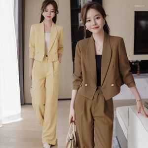 Pantalon deux pièces pour femmes, costume marron, Style tempérament, loisirs, manteau court professionnel, ensemble deux pièces, printemps et automne