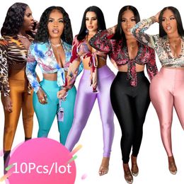 Pantalons deux pièces pour femmes Articles en vrac Lots en gros Ensembles pour les vacances Femmes Hauts à imprimé floral Skinny Fitness Matching Set Automne Sexy Club Outfi