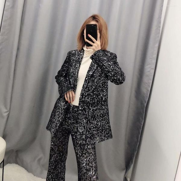 Pantalon Deux Pièces Femme Cakucool Costume Femme Femme Brillant Noir Argent Paillettes Blazer Et Ensemble Soirée Cérémonie Chic Pièces Terno Feminino