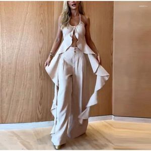 Tweedelige broek voor dames Camisole ruches 2 Set mouwloze backless veter-up bovenste poot 2024 Spring Summer Fashion Lady Suit