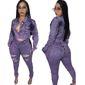 Pantalon de deux pièces pour femmes Casual Denim Purple Set Automne Hiver Veste à manches longues Top Trou Déchiré Femmes Survêtement Streetwear Vêtements