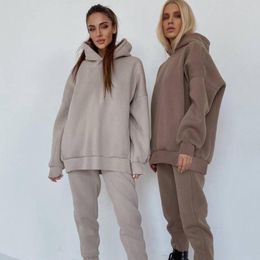 Femmes deux pièces pantalon décontracté élégant solide ensembles pour femmes sweat à capuche chaud sweats long pantalon mode dames sport costume 2023 automne