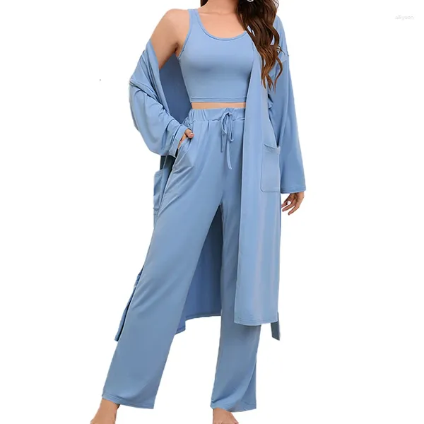 Pantalon de deux pièces pour femmes Casual automne 3 ensembles femmes tenue bleu lâche élégant manches longues femme pyjamas ensemble poches à lacets hiver dame maison