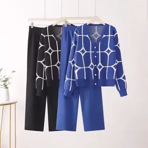 Pantalon à deux pièces pour femmes Suit en tricot décontracté Femmes d'automne hiver imprimé à manches longues Cardigan à deux pièces à jambes larges