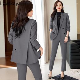 Pantalon deux pièces pour femmes, veste de costume grise décontractée pour l'automne, vêtements de travail, tenue formelle, ensemble professionnel haut de gamme