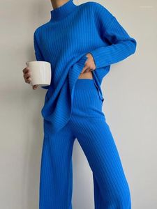Femmes deux pièces pantalons décontracté tricoté ensemble femmes mode bleu à manches longues pull et pantalon costume automne hiver élégant tenues amples 2023