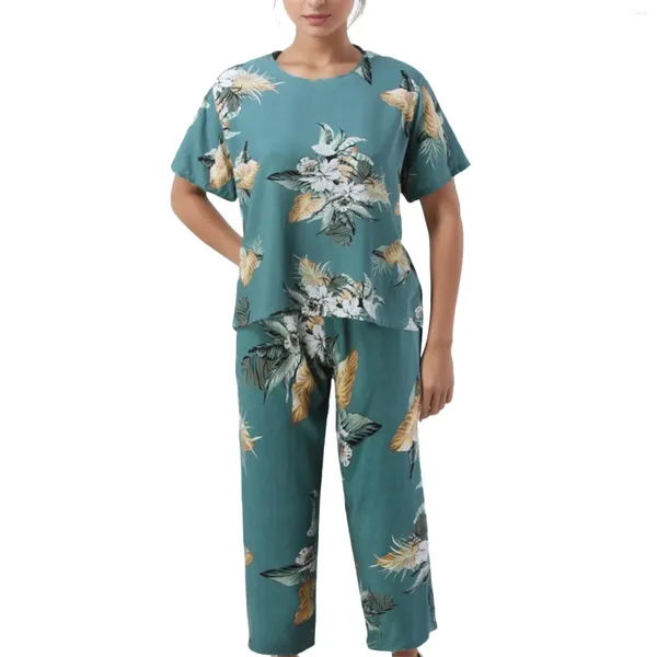 Pantalones de dos piezas para mujer, traje informal de algodón de talla grande con estampado Floral, conjunto de 2 pijamas para mujer, Tops holgados de manga corta con primavera y verano