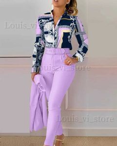 Pantalon de chemise à manches longues décontractée pour femmes Set Office Lady Fashion Vant à imprimé floral Elegant V Necl