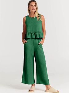 Dames tweedelige broek Casual losse groene set voor dames mouwloos geplooid vest top wijde pijpen lang tweedelig pak kantoor dameskleding 2023 zomer 230704