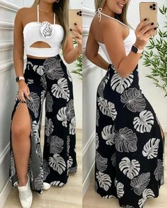Tweedelige broek met dames Casual Skinny Rose Detail Hallter Top Tropical Print Slit Wide Leg Set Women Vacation Fashion Trousers Outfits