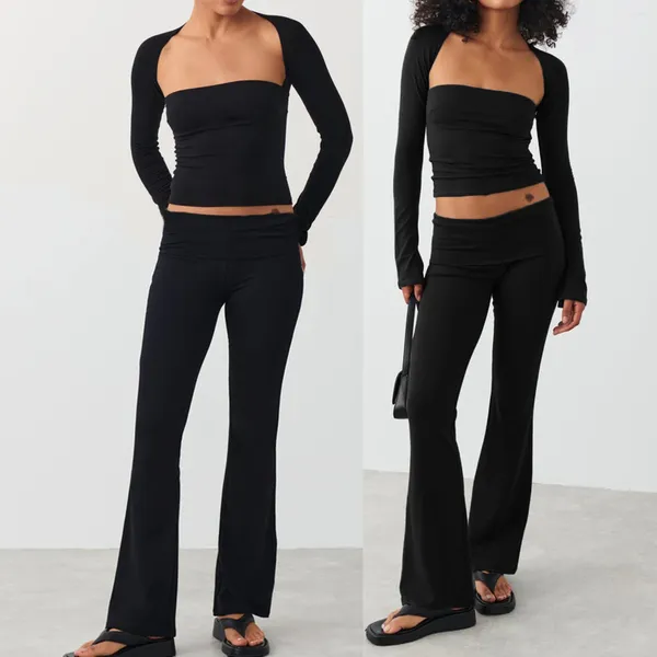 Pantalon de deux pièces pour femmes Casual solide 2 pièces ensembles tenues pour femmes pour le printemps Y2k vêtements à manches longues col carré t-shirts haut taille basse