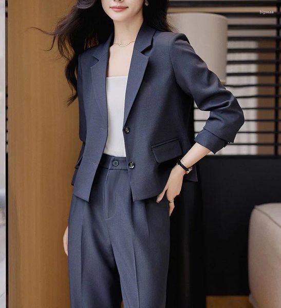 Pantalones de dos piezas para mujeres juegos de traje informal blazer corto con manga larga trajes de pantalón formal sólido para la oficina de café gris chaqueta negra 2 2