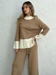 Calças femininas de duas peças casual treino de malha conjuntos de mulheres loungewear lado fenda camisola combinando conjunto de malha para o inverno