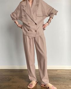 Tweedelige broek voor dames chique katoenen linnen set vrouwen tracksuit voorjaar zomerkleding lange mouwen oversized blazer suit kantoor dame outfits 221123