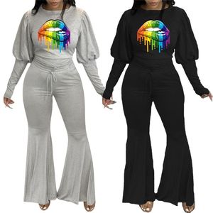 Pantalones de dos piezas para mujer, conjunto informal Chiclover para mujer, artículos al por mayor, ropa de descanso, Tops con mangas abullonadas, conjuntos acampanados, traje a juego con estampado de labios