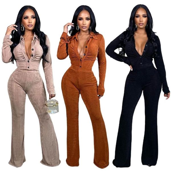 Frauen Zwei Stück Hosen Chiclover Frau Kleidung Taste Langarm Top Flare Samt Set Elegante Revers Outfits Großhandel Drop