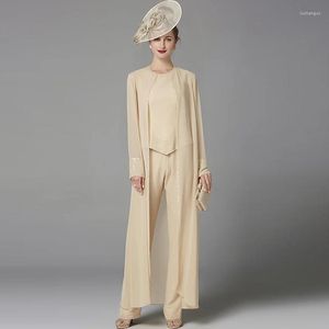 Tweedelige tweedelige broek broekpak van dames voor vrouwen champagne trouwpak moeder van de bruid jurk 3 stuks lange mouw o nekavond