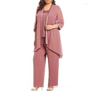 Pantalon Deux Pièces Femme Tailleur Pantalon En Mousseline De Soie 3 Pièces Rose Robes De Mère De Mariée Manches Trois Quarts Elégant Mariage Soirée Invité