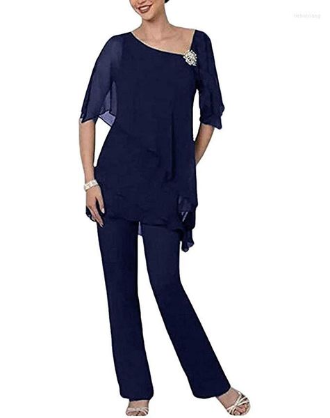 Femme Pantalon Deux Pièces Chiffon Pantsuit Marine 2 Pièces Robes Mère de la Mariée Elégant Irrégulier Haut Droit Pour Mariage Soirée