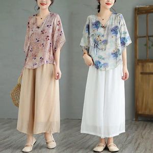 Pantalon de deux pièces pour femmes Vêtements de style chinois 2023 Été Ethnique Costume ample Littérature rétro améliorée Hanfu Qipao Top Set Z2114