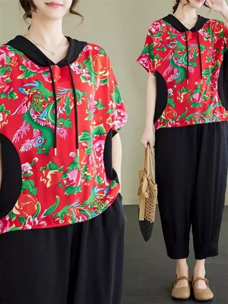 Pantalon à deux pièces pour femmes de style chinois imprimé top à capuche en deux pièces en deux pièces pour la mode polyvalente des tenues décontractées k363 littéraires