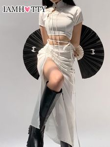 Dames s tweedelige broek Chinese stijl pak sexy jurk sets zomerkandige crop top ruches trekkoord split rok hoog taille iam ty 230106