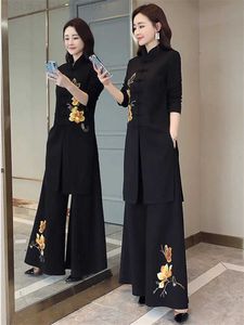Tweedelige broek in dames Chinese stijl tweedelige dames mode geborduurd breed been broek kleding retro set conjuntos de jerc240407