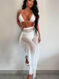 Pantalon de deux pièces pour femmes CINESSD 2023 Bretelles licou Bretelles spaghetti Poitrine Wrap Top Sheer Mesh Couture Pantalon en dentelle Costume deux pièces sexy